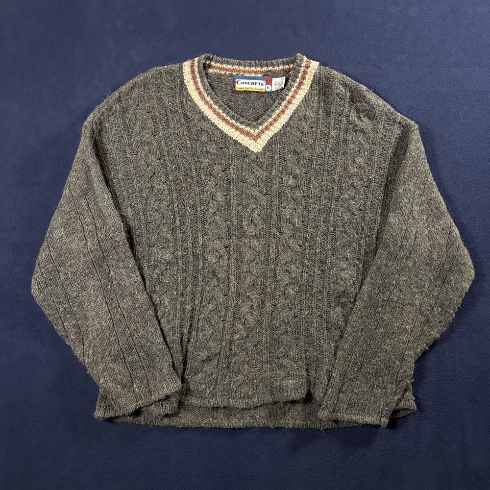 Vtg 90s Concrete Cable Knit V-Neck Sweater Mens L Wool Blend Speckled Grandpa